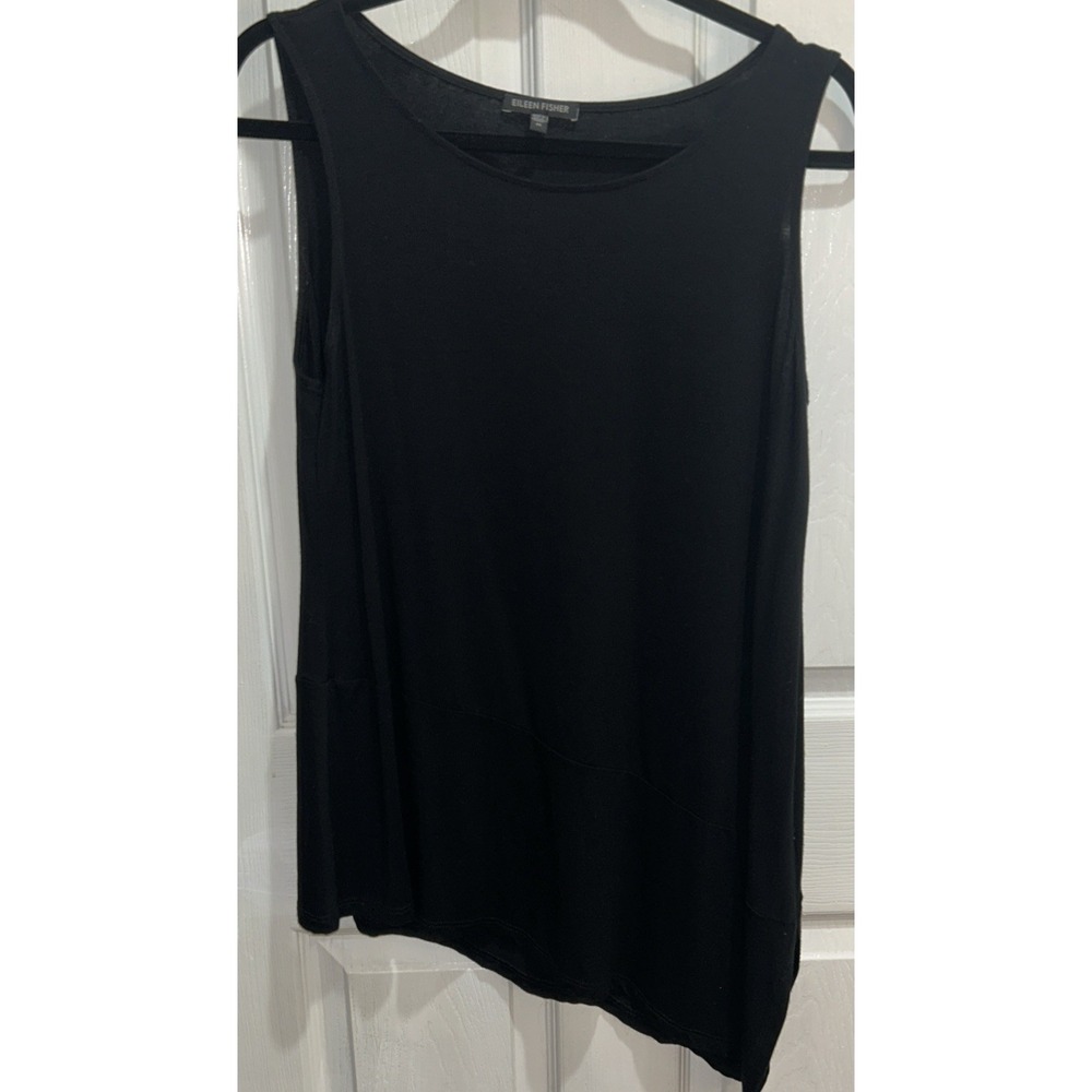 Eileen Fisher Bateau Round Neck Sleeveless Tunic‎ Top Large Asymmetrical Black